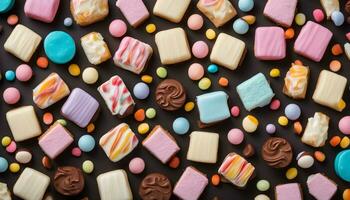 ai generato colorato biscotti e caramelle su un' nero sfondo foto
