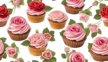 ai generato cupcakes con rosa Rose su bianca sfondo foto