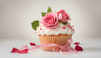 ai generato Cupcake con rosa Rose su bianca sfondo foto