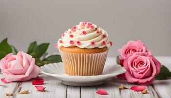 ai generato Cupcake con rosa glassa su bianca tavolo con Rose foto