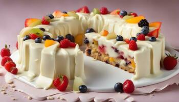 ai generato un' torta con frutta su superiore e un' fetta mancante foto