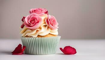 ai generato Cupcake con rosa Rose su un' bianca sfondo foto