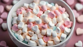 ai generato un' ciotola di marshmallows con cuori nel loro foto