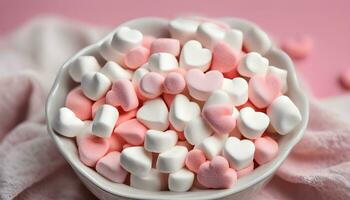 ai generato un' ciotola di marshmallows su un' rosa sfondo foto