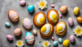 ai generato Pasqua uova e pasticcini su un' grigio sfondo foto