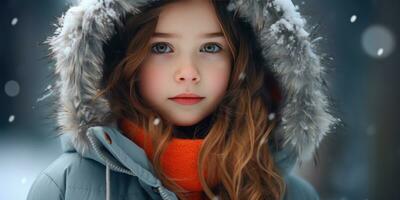 ai generato ragazza nel inverno cappotto e arancia sciarpa. ai generativo. foto