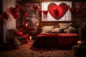 ai generato romantico San Valentino giorno Camera da letto arredamento foto
