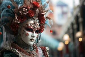 ai generato elegante persona nel vivace carnevale costume e maschera a Venezia Festival foto