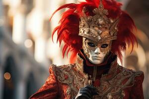 ai generato elegante persona nel vivace carnevale costume e maschera a Venezia Festival foto