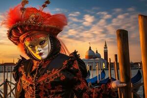 ai generato persona nel veneziano carnevale maschera a tramonto foto