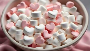 ai generato un' ciotola di marshmallows con cuori su superiore foto