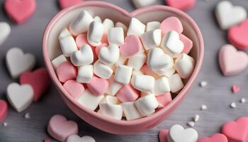 ai generato un' ciotola pieno con marshmallows e cuori foto