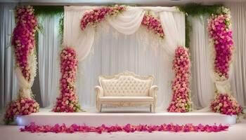 ai generato un' nozze palcoscenico decorato con rosa fiori e bianca tendaggio foto