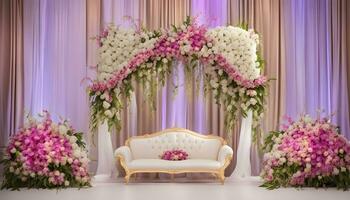 ai generato un' nozze palcoscenico con un' bianca divano e fiori foto