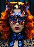 ai generato moda tiro di un' bellissimo donna nel un' carnevale maschera. ai generativo. ai generativo foto