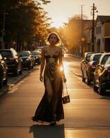 ai generato bellissimo giovane donna nel un' lungo giallo vestito a piedi su il strada a tramonto. ai generativo foto