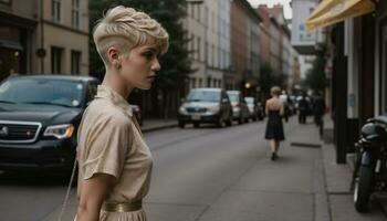 ai generato bellissimo giovane donna nel un' bellissimo vestito su il strada di il città. ai generativo foto