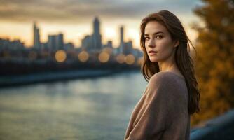 ai generato ritratto di un' bellissimo giovane donna nel il città a tramonto. ai generativo foto