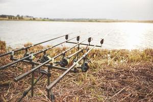 canne da pesca alla carpa in piedi su speciali treppiedi. bobine costose e un sistema radio di uncinetto foto