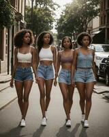 ai generato gruppo di giovane bellissimo africano americano donne nel jeans pantaloncini a piedi nel il città. ai generativo foto