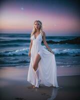 ai generato bellissimo bionda donna nel bianca vestito su il spiaggia a notte. ai generativo foto