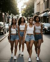 ai generato gruppo di giovane bellissimo africano americano donne nel jeans pantaloncini a piedi nel il città. ai generativo foto