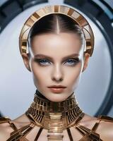 ai generato bellissimo giovane donna nel futuristico costume. bellezza, moda. ottica. ai generativo foto