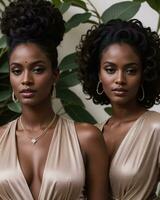 ai generato bellissimo africano americano donne nel sera vestiti in posa nel studio. ai generativo foto