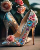 ai generato nozze scarpe con alto tacchi su un' sfondo di fiori. ai generativo foto