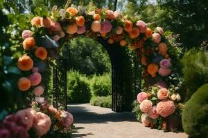 ai generato un' nozze arco fatto di fiori nel il giardino foto