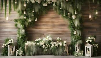 ai generato un' nozze tavolo con bianca fiori e verdura foto