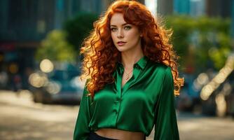 ai generato bellissimo giovane donna con rosso Riccio capelli nel un' verde vestito nel il città a notte. ai generativo foto