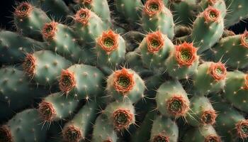 ai generato un' vicino su di un' cactus pianta con molti piccolo verde le foglie foto