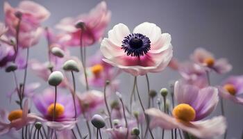 ai generato anemone fiori su un' grigio sfondo foto