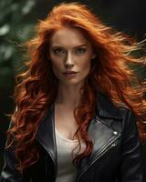 ai generato ritratto di un' bellissimo dai capelli rossi ragazza con lungo capelli. ai generativo foto