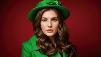 ai generato ritratto di un' bellissimo giovane donna nel verde cappotto e rosso cappello. ai generativo. ai generativo foto