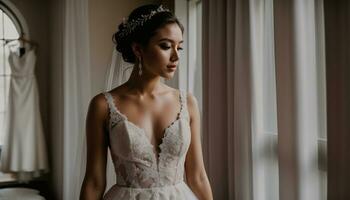 ai generato bellissimo sposa nel bianca nozze vestito in posa. ai generativo foto