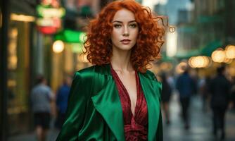 ai generato bellissimo giovane donna con rosso Riccio capelli nel un' verde vestito nel il città a notte. ai generativo foto