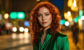 ai generato bellissimo giovane donna con rosso Riccio capelli nel un' verde vestito nel il città a notte. ai generativo foto