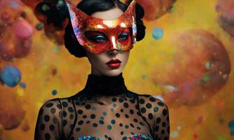 ai generato moda tiro di un' bellissimo donna nel un' carnevale maschera. ai generativo. ai generativo foto