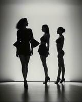 ai generato silhouette di tre donne nel nero e bianca vestiti, studio sparo. ai generativo foto