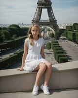 ai generato bellissimo giovane ragazza nel bianca vestito vicino il eiffel Torre nel Parigi. ai generativo foto