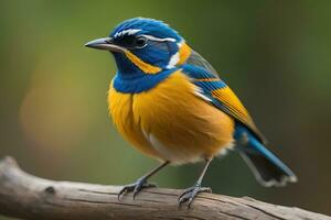 ai generato bellissimo blu uccello su un' ramo nel il raggi di il ambientazione sole. ai generativo foto