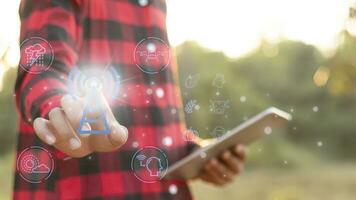 uomo nel scacchi camicia utilizzando innovazione per agricoltura e animale allevamento, IoT agricoltura concetto, Internet dati collezione, inteligente azienda agricola foto