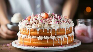 ai generato giovane donna mano Tenere compleanno torta con crema foto