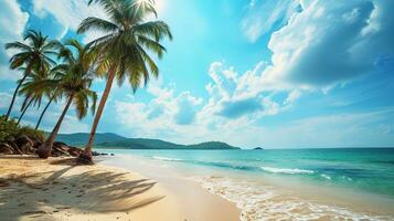 ai generato tropicale spiaggia con Noce di cocco palme. paesaggio marino. foto