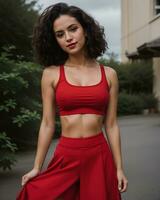 ai generato bellissimo petite filippina donna nel un' rosso vestire. ai generativo foto