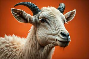 ai generato ritratto di un' capra con grande corna su un' arancia sfondo. ai generato foto