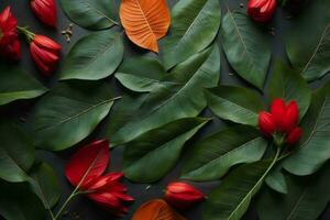 ai generato bellissimo rosso fiori e verde le foglie su grigio sfondo, piatto posizione. generativo ai foto