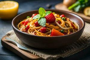 ai generato un' ciotola di pasta con pomodori, basilico e fragole foto